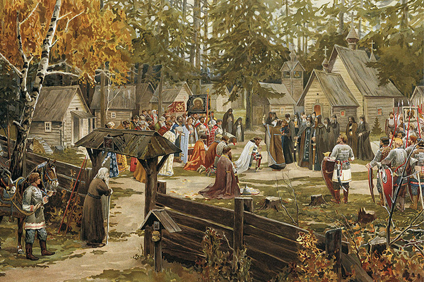 Sergius of Radonezh blessing Dmitry Donskoy in Trinity Sergius Lavra (1907) by Ernst Lissner